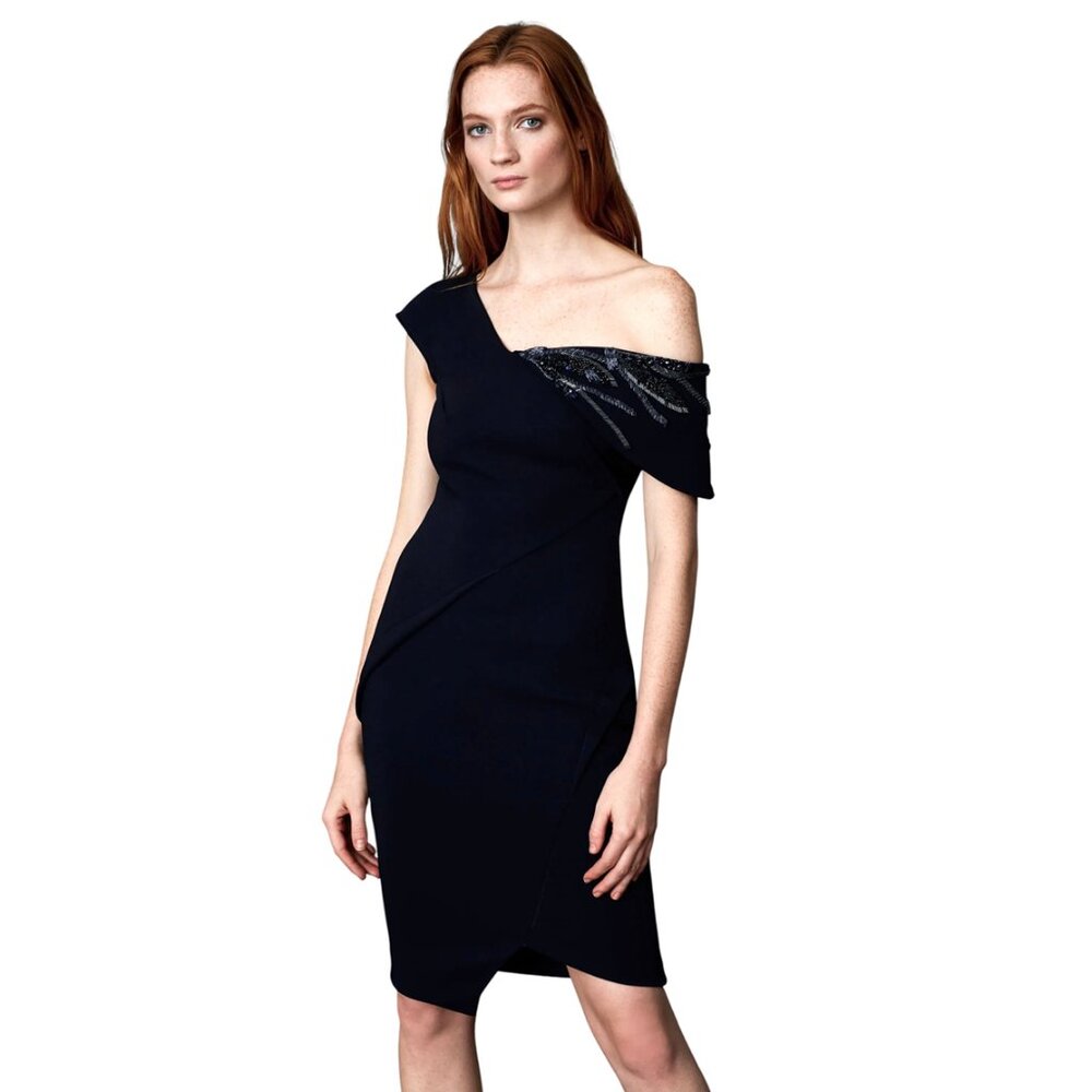 PAMELLA ROLAND Beaded one shoulder dress NWT sz 2 Navy